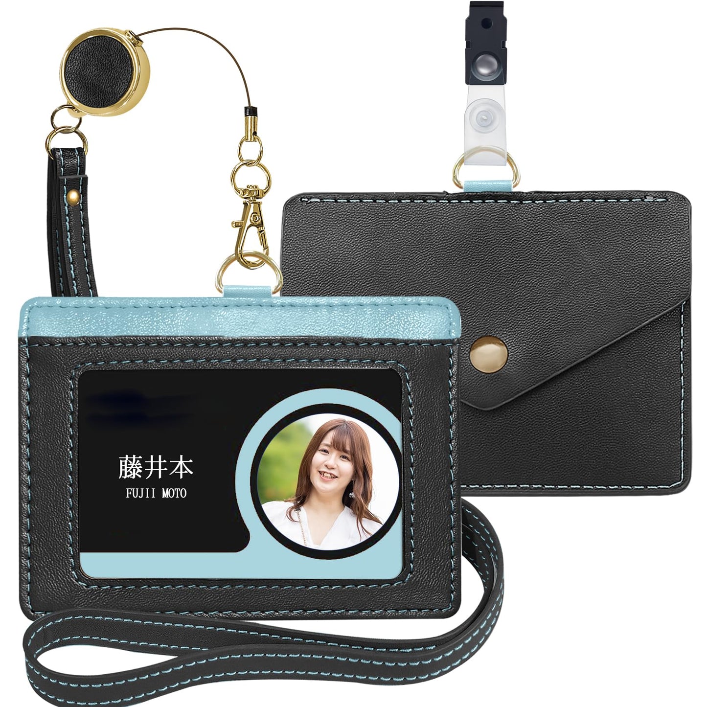ID カードホルダー ネームホルダー 本革 横型 両面用 社員証 名札入れ 定期入れ パスケース カードケース ネックストラップ付 2つポケット