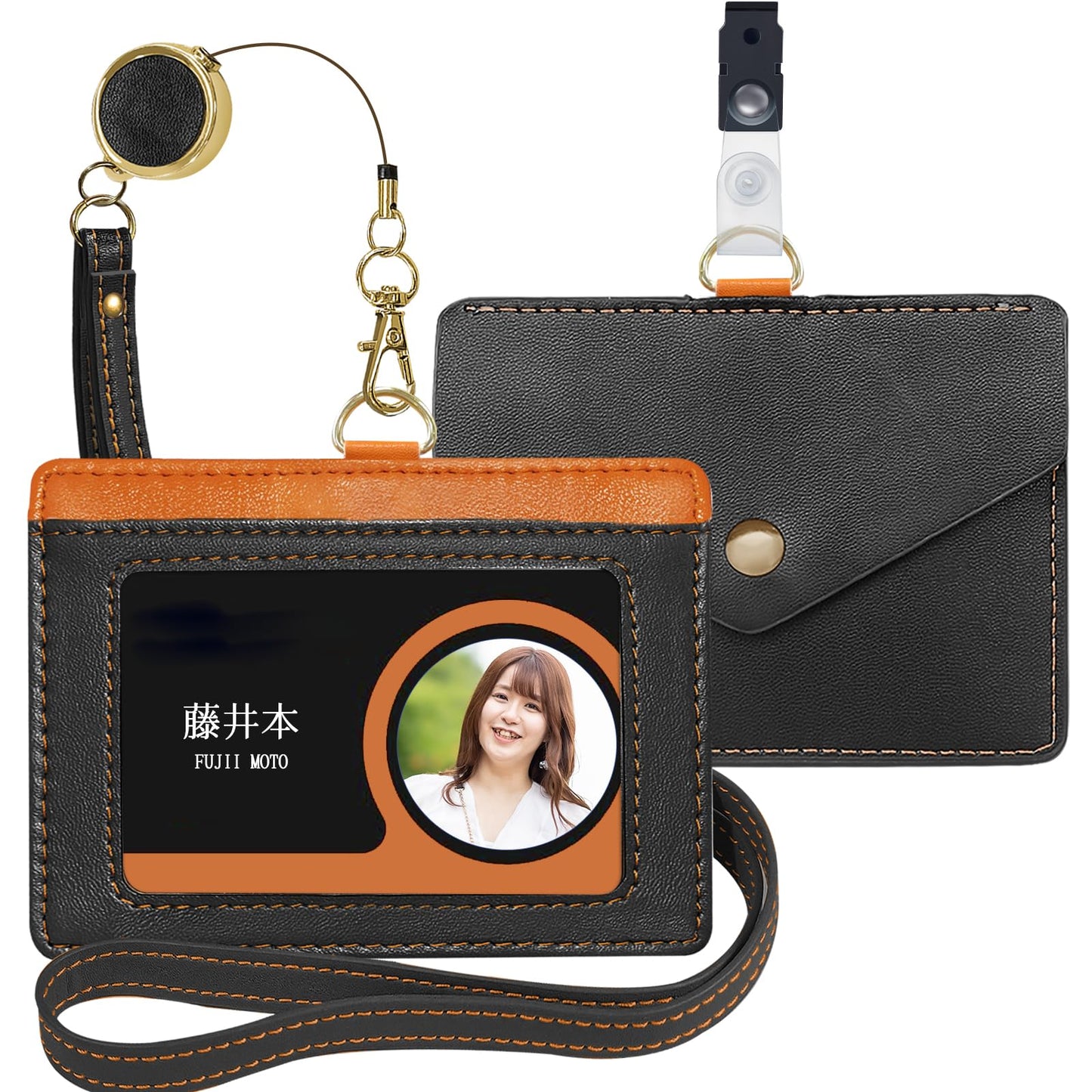 ID カードホルダー ネームホルダー 本革 横型 両面用 社員証 名札入れ 定期入れ パスケース カードケース ネックストラップ付 2つポケット