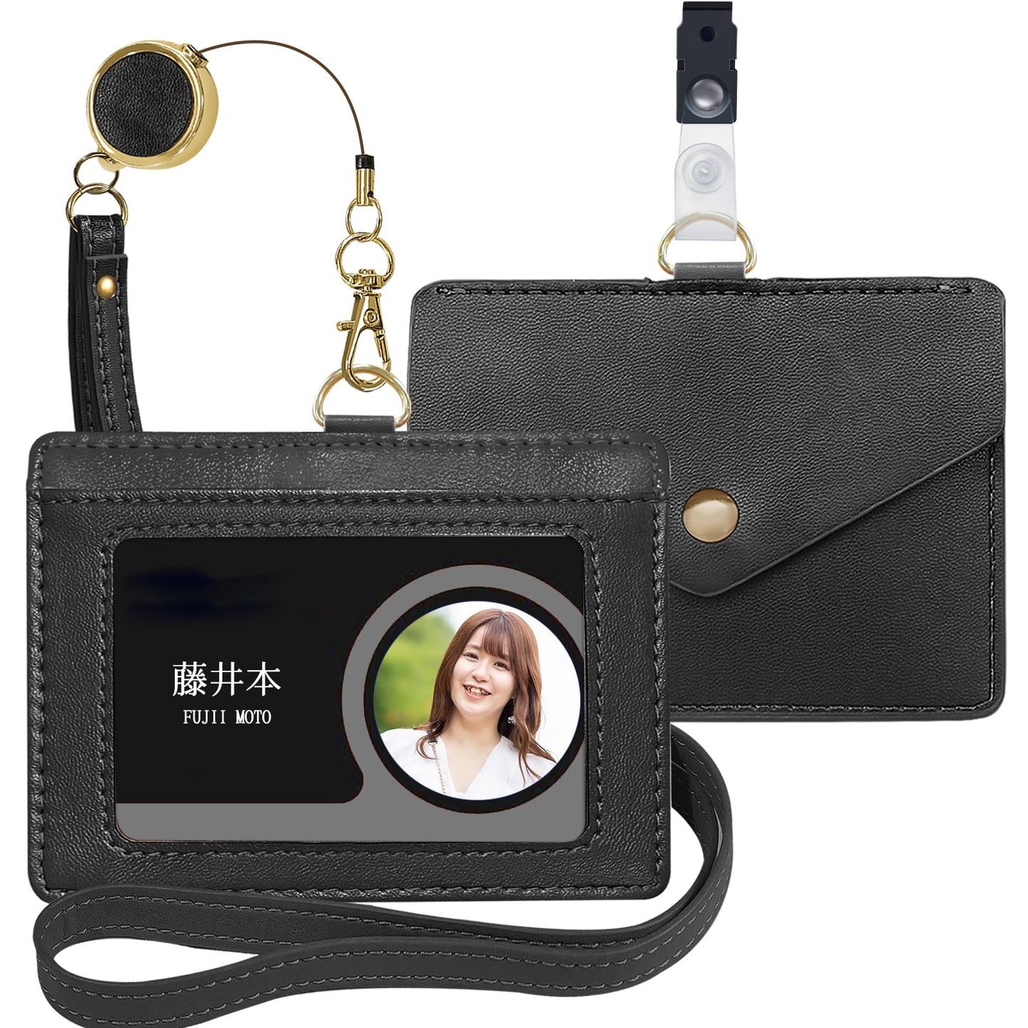 ID カードホルダー ネームホルダー 本革 横型 両面用 社員証 名札入れ 定期入れ パスケース カードケース ネックストラップ付 2つポケット