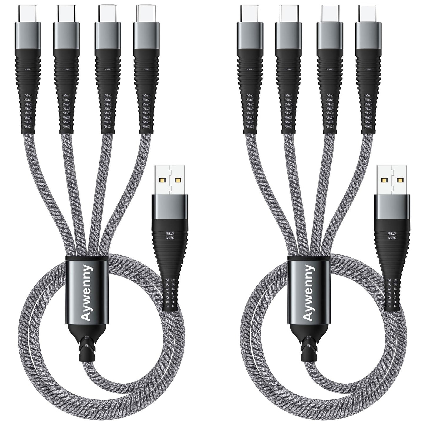 2本セット】 4 in 1高耐久編組ナイロン多機能充電ケーブル、USB急速充電ケーブル、4種類のインターフェースTypeC*4 を持ち、4台の設備の同時充電をサポートしPhone15/Switch/Google Pixel/Nexus5 X6P/Samsung S8+/note8/Xperia,Galaxy/LG (グレー)