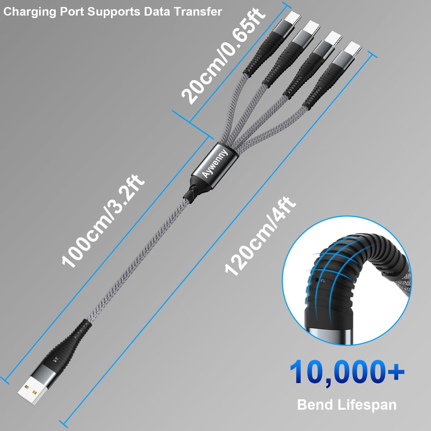 2本セット】 4 in 1高耐久編組ナイロン多機能充電ケーブル、USB急速充電ケーブル、4種類のインターフェースTypeC*4 を持ち、4台の設備の同時充電をサポートしPhone15/Switch/Google Pixel/Nexus5 X6P/Samsung S8+/note8/Xperia,Galaxy/LG (グレー)