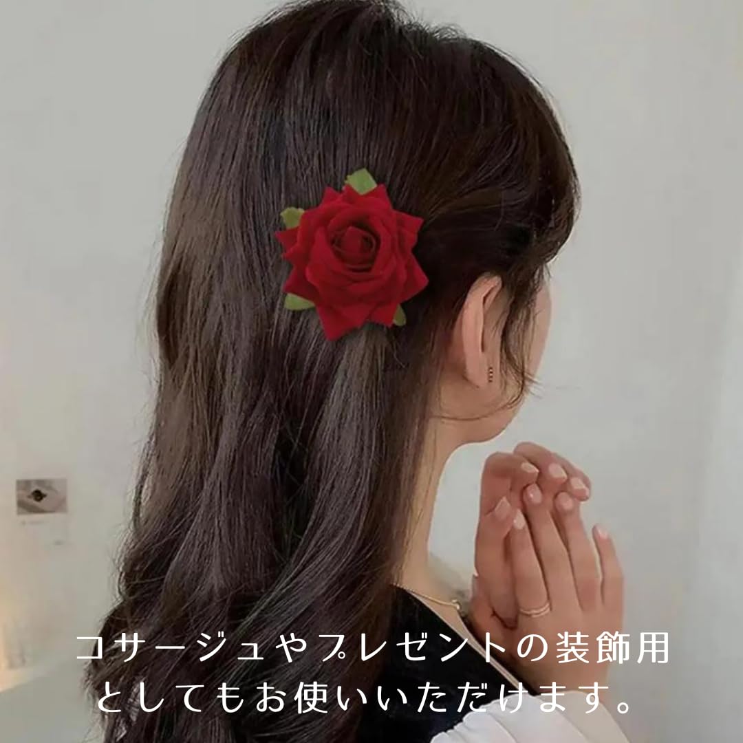 薔薇 ヘアピン バラ ヘアクリップ ローズ ヘアアクセサリー 髪留め 3個セット (赤)