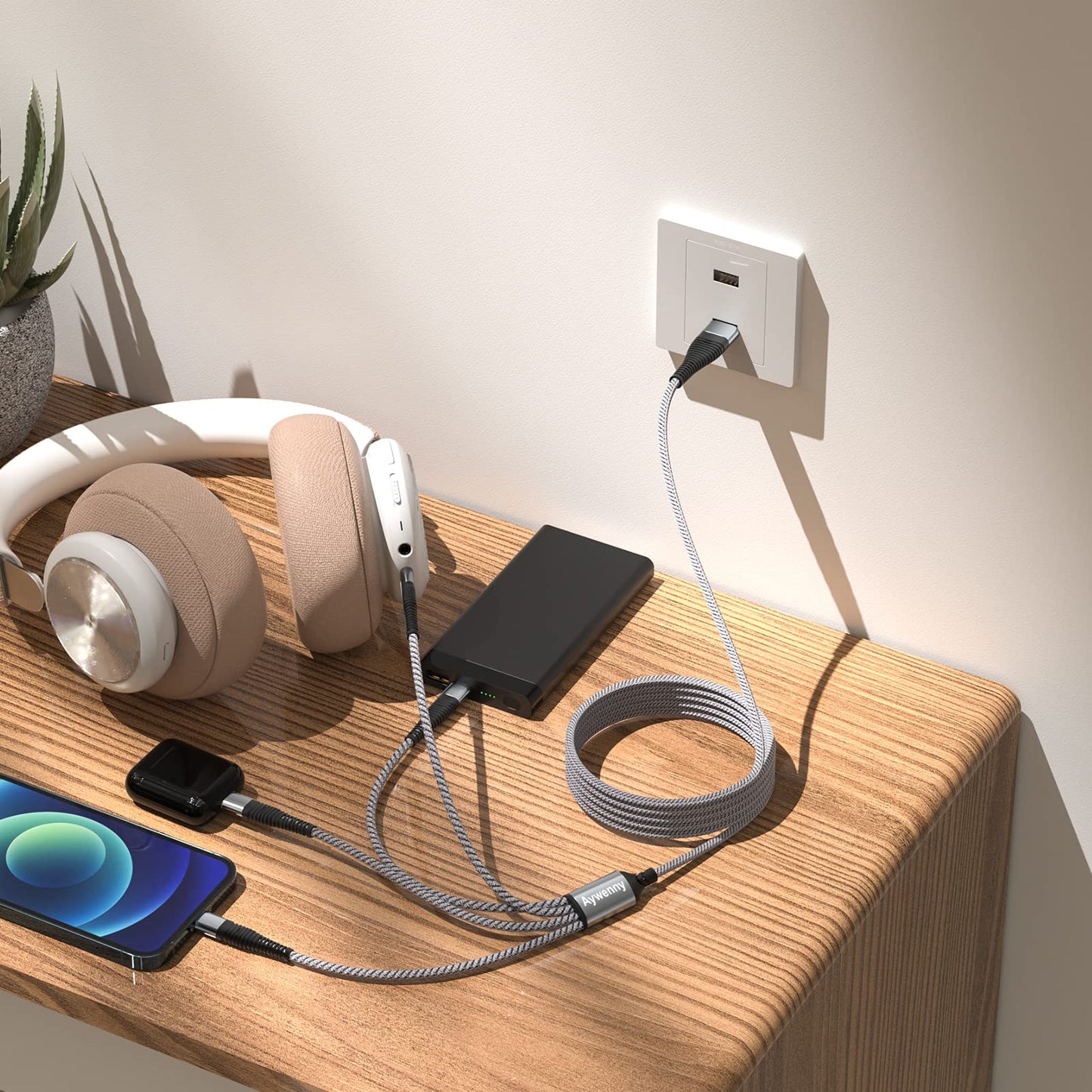 2本セット】 4 in 1高耐久編組ナイロン多機能充電ケーブル、USB急速充電ケーブル、4種類のインターフェースTypeC*4 を持ち、4台の設備の同時充電をサポートしPhone15/Switch/Google Pixel/Nexus5 X6P/Samsung S8+/note8/Xperia,Galaxy/LG (グレー)