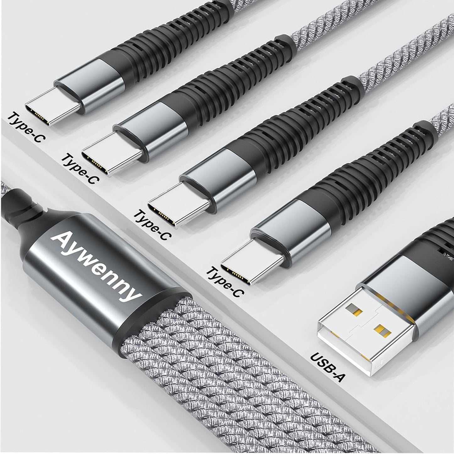 2本セット】 4 in 1高耐久編組ナイロン多機能充電ケーブル、USB急速充電ケーブル、4種類のインターフェースTypeC*4 を持ち、4台の設備の同時充電をサポートしPhone15/Switch/Google Pixel/Nexus5 X6P/Samsung S8+/note8/Xperia,Galaxy/LG (グレー)