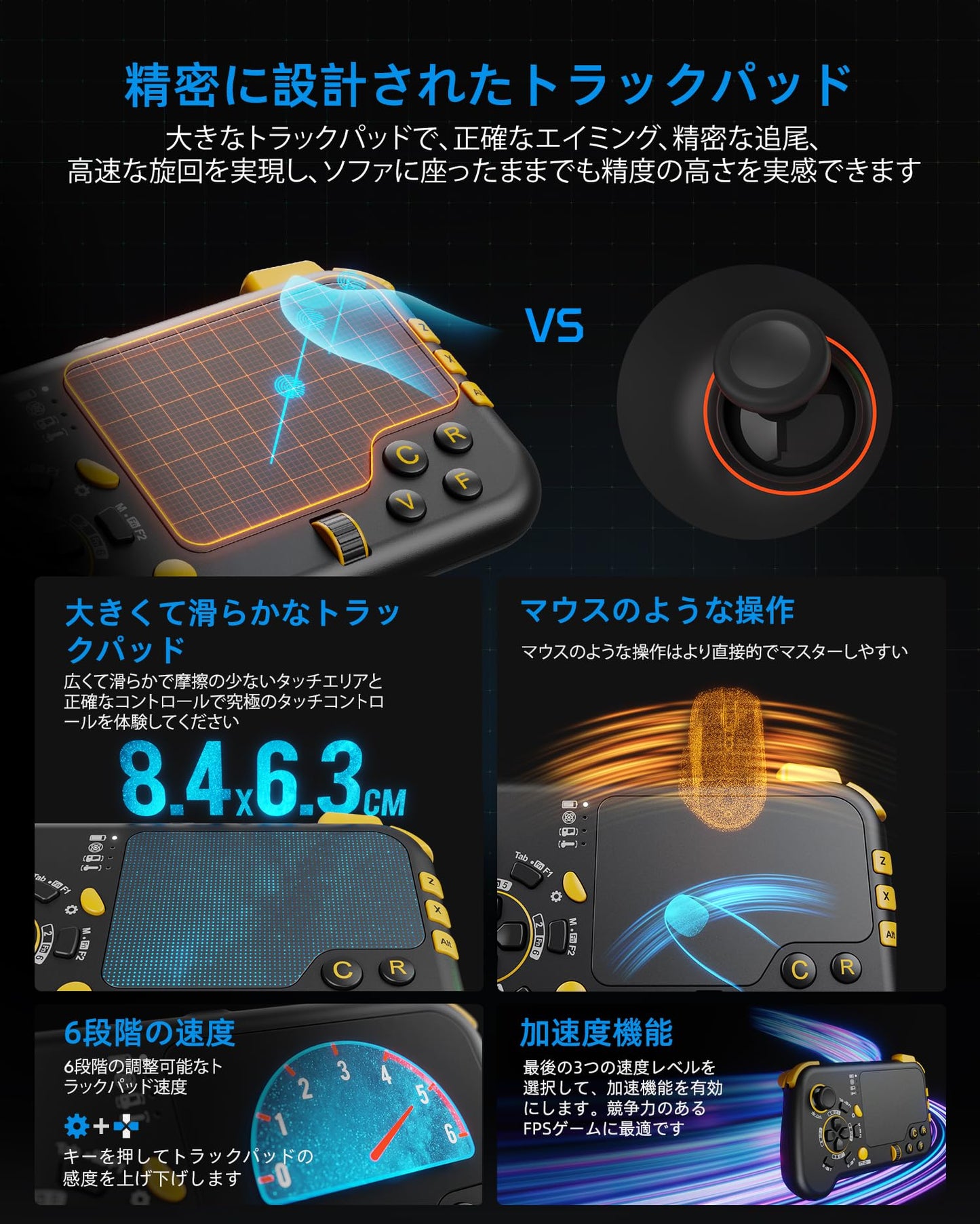 GTP01 Pro 2.4G 無線 ゲーム タッチパッド 、ジャイロスコープ付き、キーボードとマウス機能付き、ゲームコントローラゲームパッド形状、PS5、PS4、Xbox X|S、Xbox One、PC Steam Windows 11 10対応、特にFPS、ARPGゲームに最適 - 黒&黄2