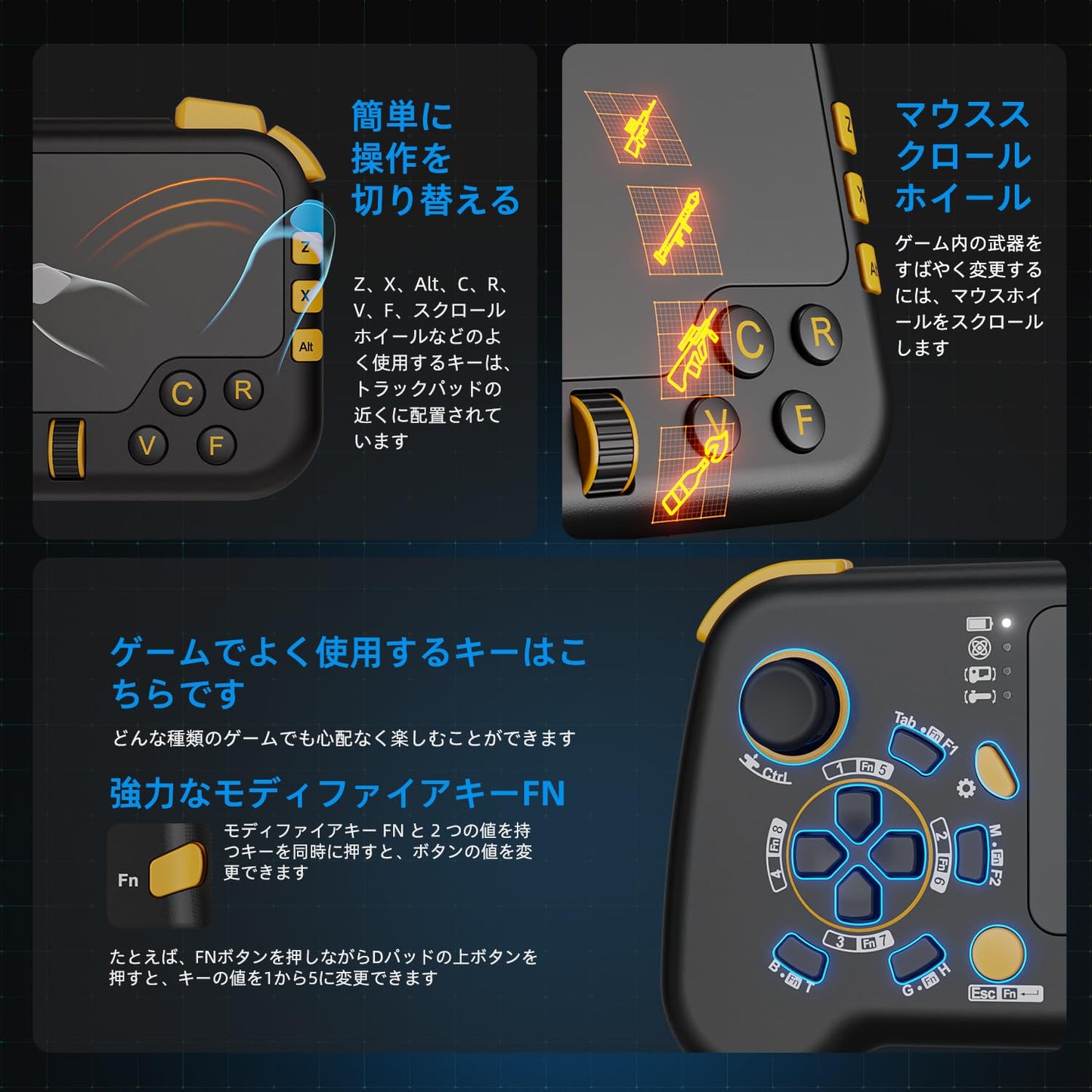 GTP01 Pro 2.4G 無線 ゲーム タッチパッド 、ジャイロスコープ付き、キーボードとマウス機能付き、ゲームコントローラゲームパッド形状、PS5、PS4、Xbox X|S、Xbox One、PC Steam Windows 11 10対応、特にFPS、ARPGゲームに最適 - 黒&黄2