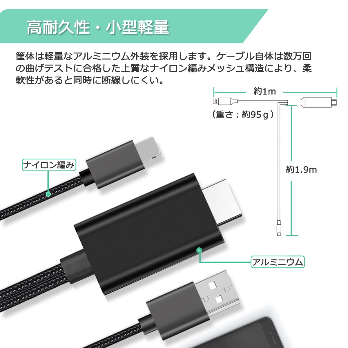 HDMI変換ケーブル 3M 【電源不要】 AV交換アダプタ Phone/Padの画面をテレビに映す 1080P大画面 設定不要 差し込むだけ 画面ミラーリング AV/TV視聴 娯楽/仕事/オフィス/ホーム兼用 Phone/Pad対応