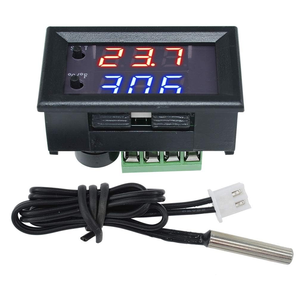 DC 12V LEDサーモスタット デジタル温度コントローラー, W1209-WKミニ制御温度計 -50℃〜110℃、0.1℃の高精度測定用防水NTC温度センサー、温度調整可能なのスイッチモジュール、家庭用冷凍庫/水槽/飼育場/水族館に適しています(赤と青)