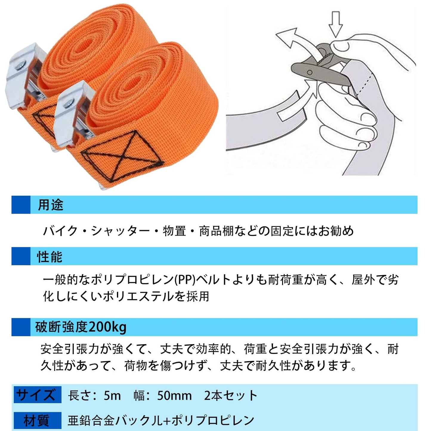 荷締めベルト 5m 固定ベルト 荷締バンド ラッシングベルト 多用途 タイダウンベルト 梱包 固定 固定バンド 結束バンド 荷締機 自転車 バイク ベルト 積載 引越し 運搬用 荷締め機 地震対策グッズ 幅50mm長5m 2本セット