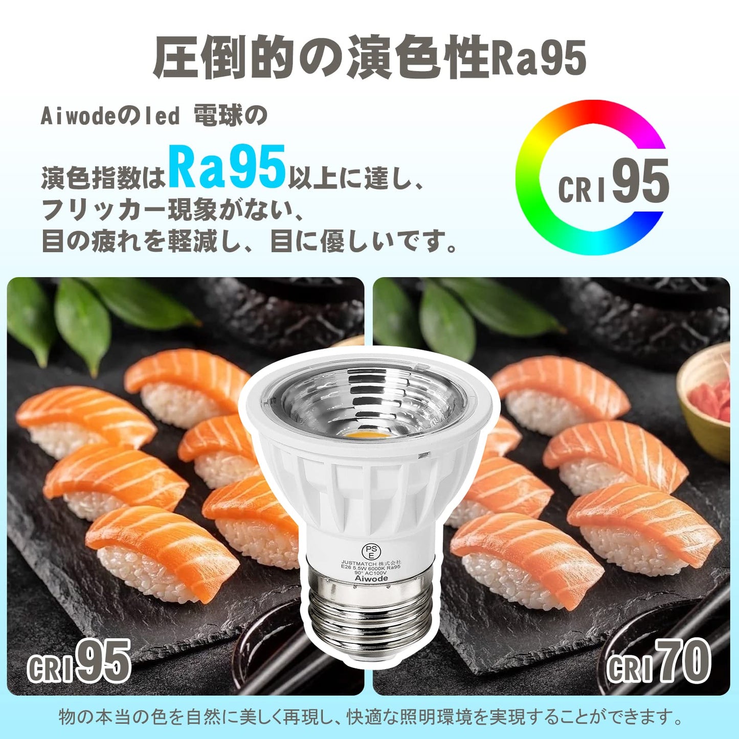 5.5W LED電球、昼光色6000K、E26口金ハロゲン電球50-60W形相当LEDスポットライト、圧倒的の演色性Ra95 長寿命JDR50の代替品消費電力5.5W 非調光 広配光タイプ90度、明るさ550lm