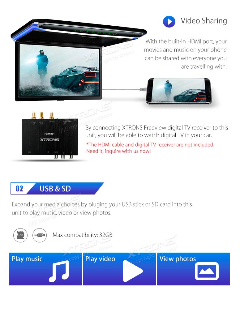 (CM173HD)XTRONS 最新 17.3インチ 大画面 フリップダウンモニター 16:9 FHD 1920x1080 解像度 超薄 HDMI対応 1080Pビデオ対応 外部入力 ドア連動 水平開閉130度 USB・SD