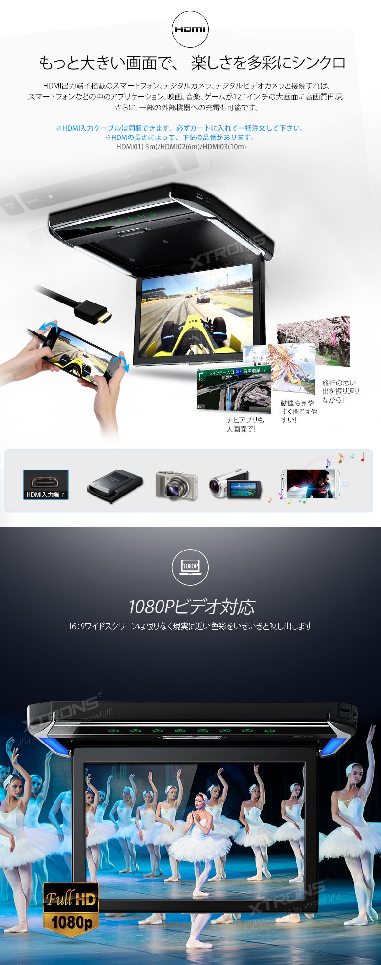 (CM121HD)XTRONS 最新 12.1インチ 大画面 フリップダウン モニター 1280x800 解像度 超薄 軽 HDMI対応 1080Pビデオ対応 外部入力 ドア連動 水平開閉120度 USB・SD