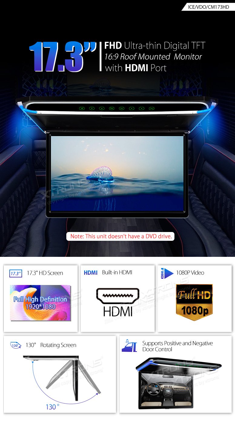 (CM173HD)XTRONS 最新 17.3インチ 大画面 フリップダウンモニター 16:9 FHD 1920x1080 解像度 超薄 HDMI対応 1080Pビデオ対応 外部入力 ドア連動 水平開閉130度 USB・SD