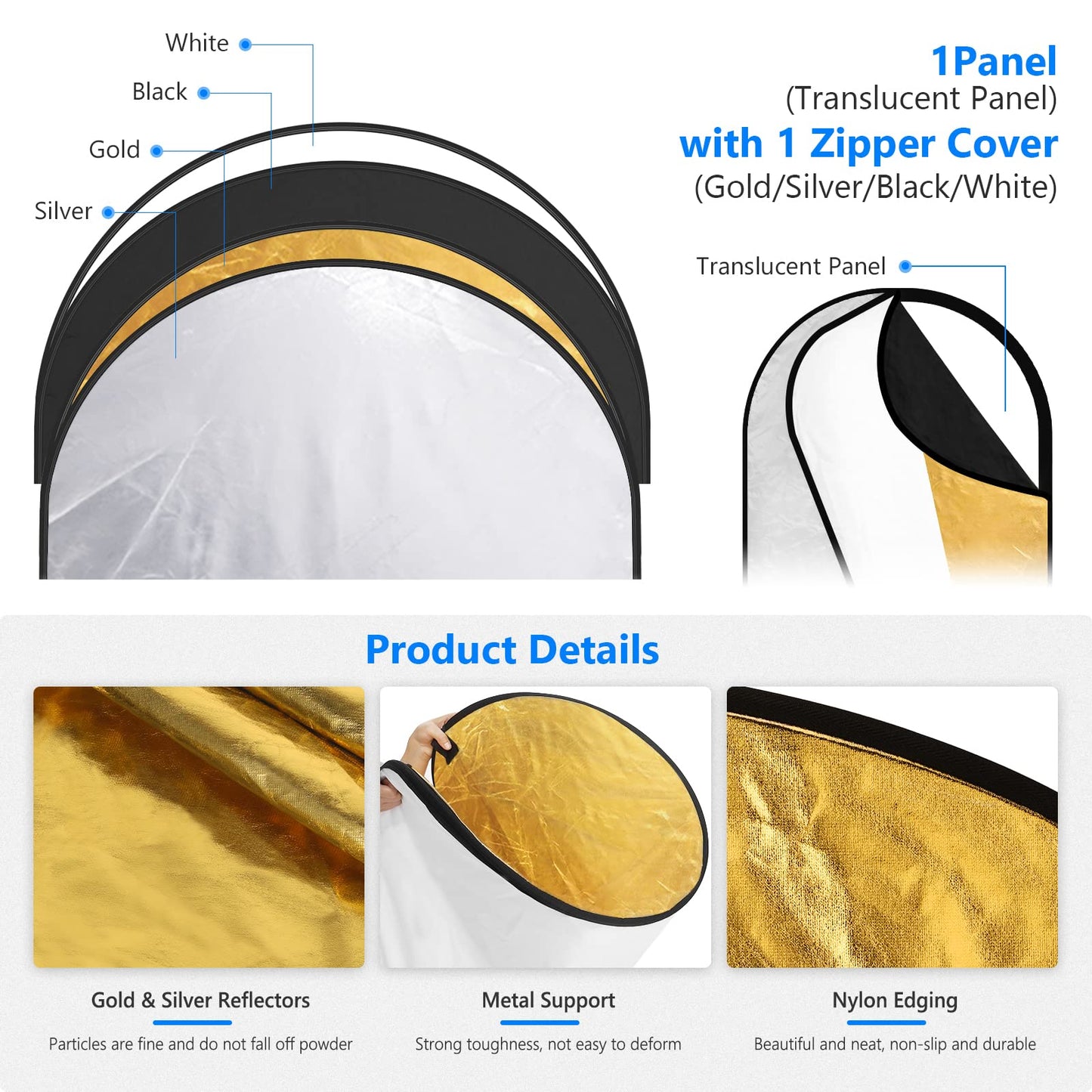 NEEWER 5-in-1レフ板 80x120cm マルチディライトレフ板 ポータブル折りたたみ式 円形 半透明、銀、金、白、黒 写真撮影用