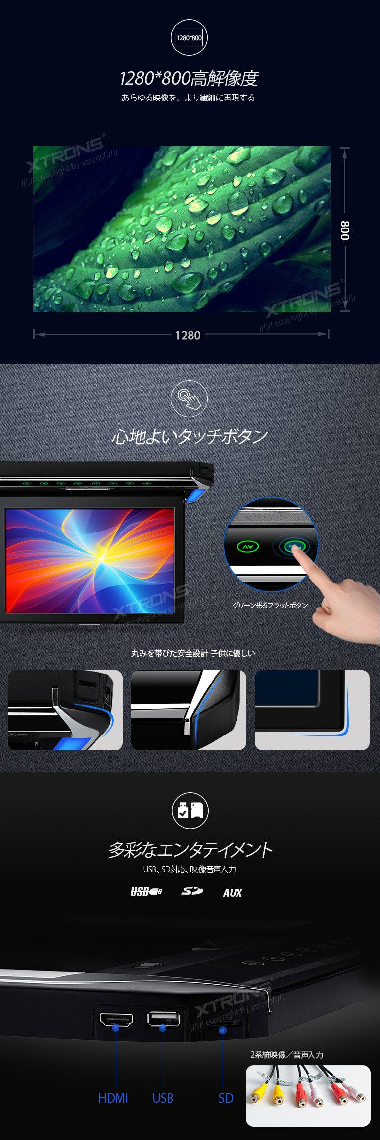 (CM121HD)XTRONS 最新 12.1インチ 大画面 フリップダウン モニター 1280x800 解像度 超薄 軽 HDMI対応 1080Pビデオ対応 外部入力 ドア連動 水平開閉120度 USB・SD