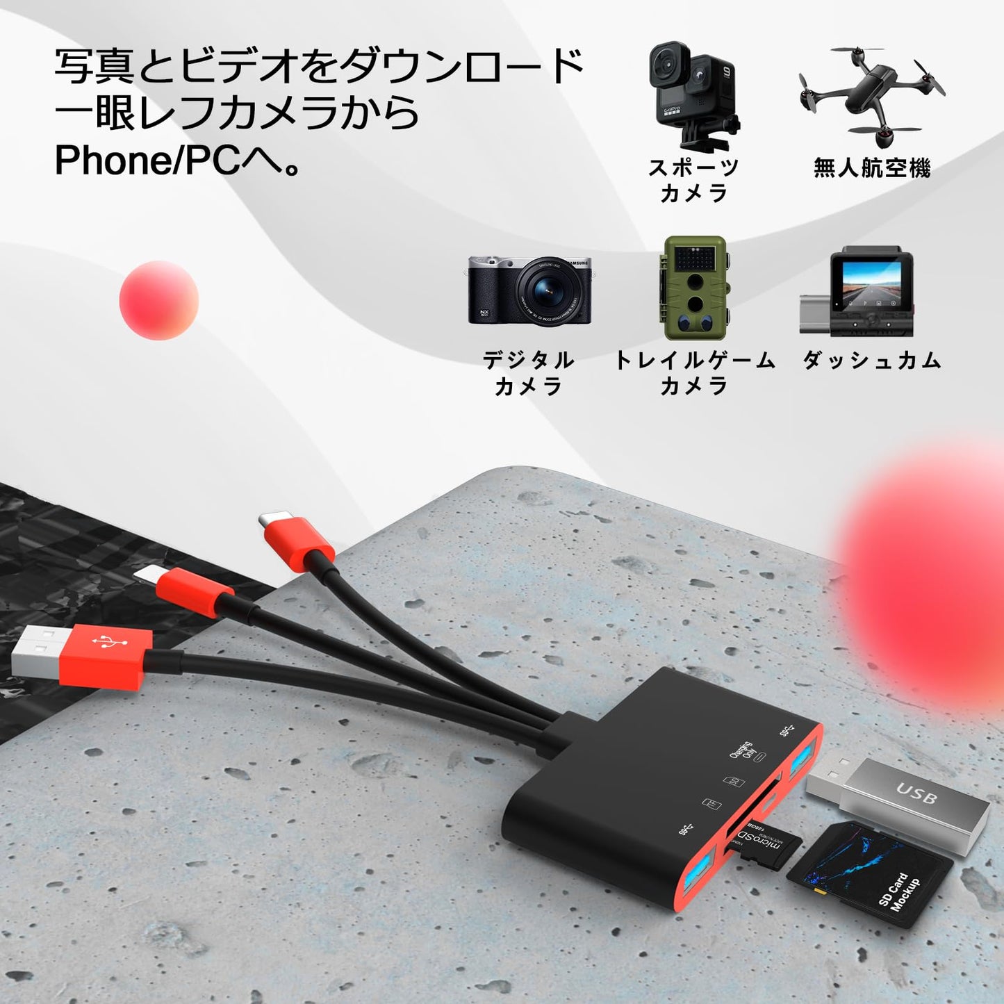 5 in 1のメモリーカードを読み取り/USB OTGアダプタ/SDカードを読み取り/Phone/Pad用/USB C/Aデバイス/Micro SD/SDカードスロット/SD/Micro SD/SDHC/SDXC/MM