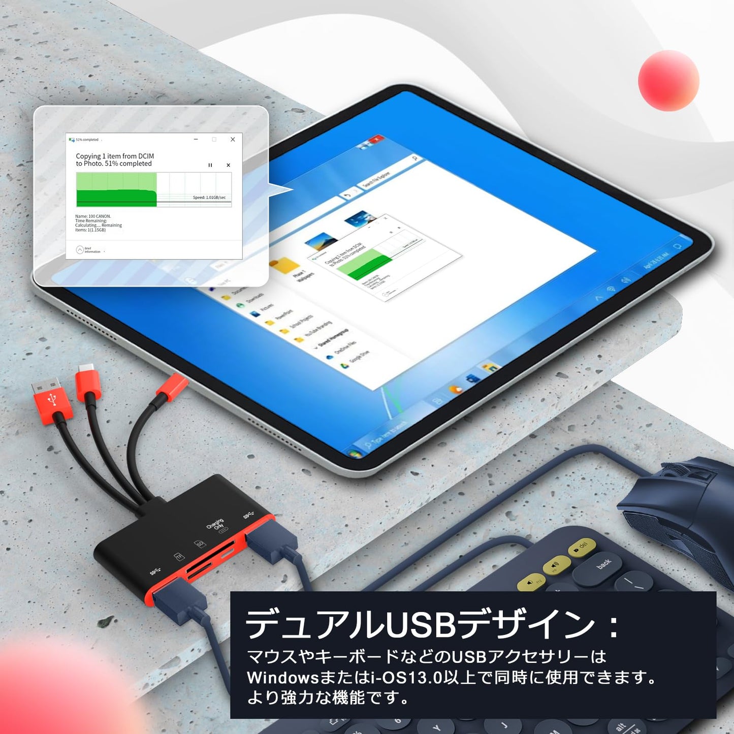 5 in 1のメモリーカードを読み取り/USB OTGアダプタ/SDカードを読み取り/Phone/Pad用/USB C/Aデバイス/Micro SD/SDカードスロット/SD/Micro SD/SDHC/SDXC/MM
