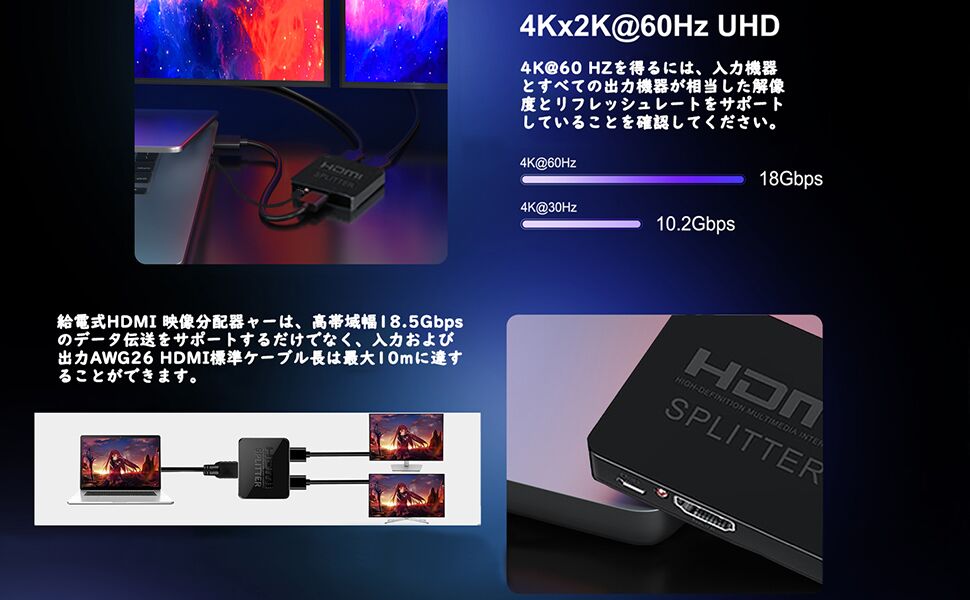 HDMI 分配器 1入力2出力 二股 お好みの2台のディスプレイに同時出力可能 スプリッター て複数画面出力可能 hdmi 増設 オーディオ同期 PS5/Xbox/HDTV/DVD/PC/fire tv stick/PC/HDTVなど幅広く対応