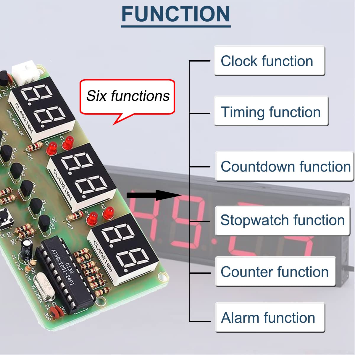 6ビットデジタル時計キットAT89C2051チップLEDデジタルチューブディスプレイ電子時計DIYはんだ付け練習9Vバッテリークリップ付き学習キット
