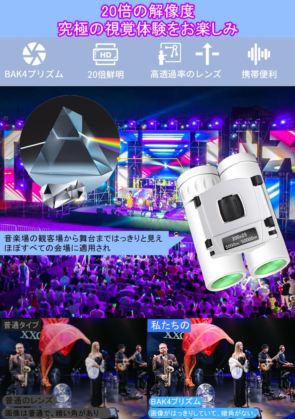 双眼鏡 ライブ用 20倍 オペラグラス 観劇 倍率調整可能 双眼鏡 コンサート用 防振 軽量 小型 防水 ライブ用/コンサート/スポーツ観戦用【超軽量·お子様や女性に最適】