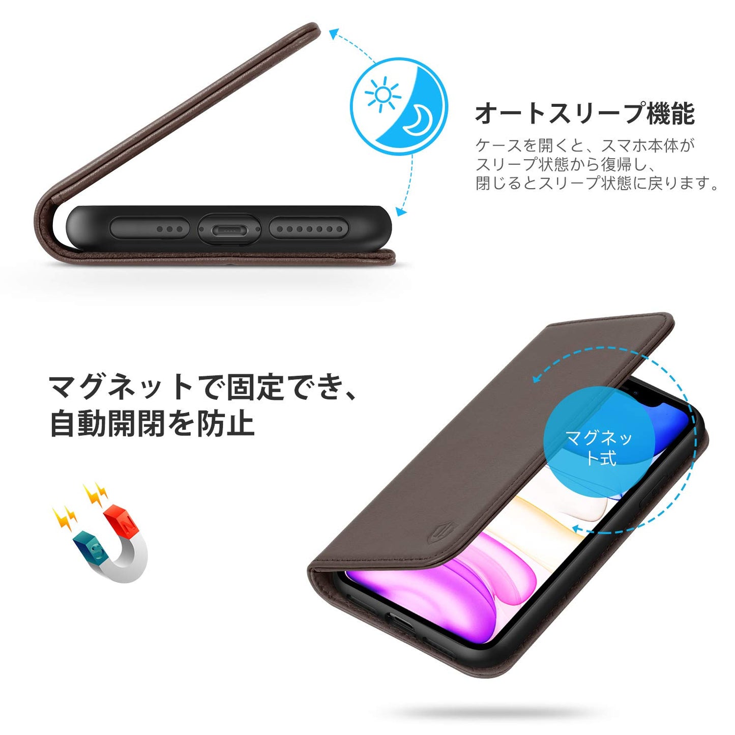 iPhone 11 pro 対応 ケース 手帳型 オートスリープ機能搭載 ソフトTPU カバー 衝撃吸収 RFID技術 カード収納 横置きスタンド機能 耐汚れ アイフォン11 Pro 対応 ケース マグネット式 iPhone 11 pro 5.8インチ対応 コーヒー色