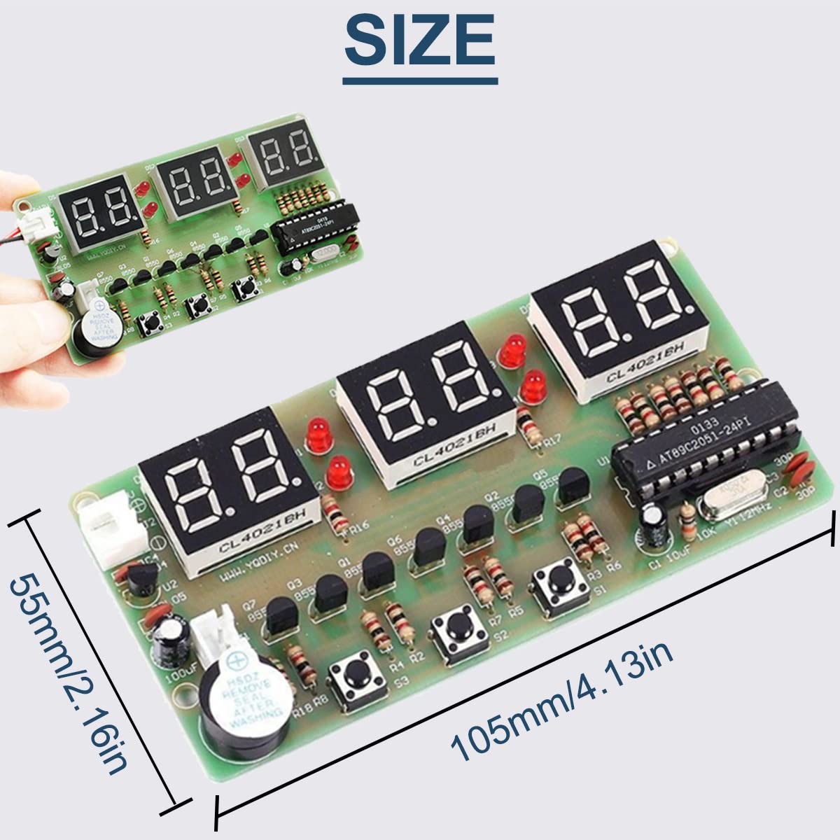 6ビットデジタル時計キットAT89C2051チップLEDデジタルチューブディスプレイ電子時計DIYはんだ付け練習9Vバッテリークリップ付き学習キット