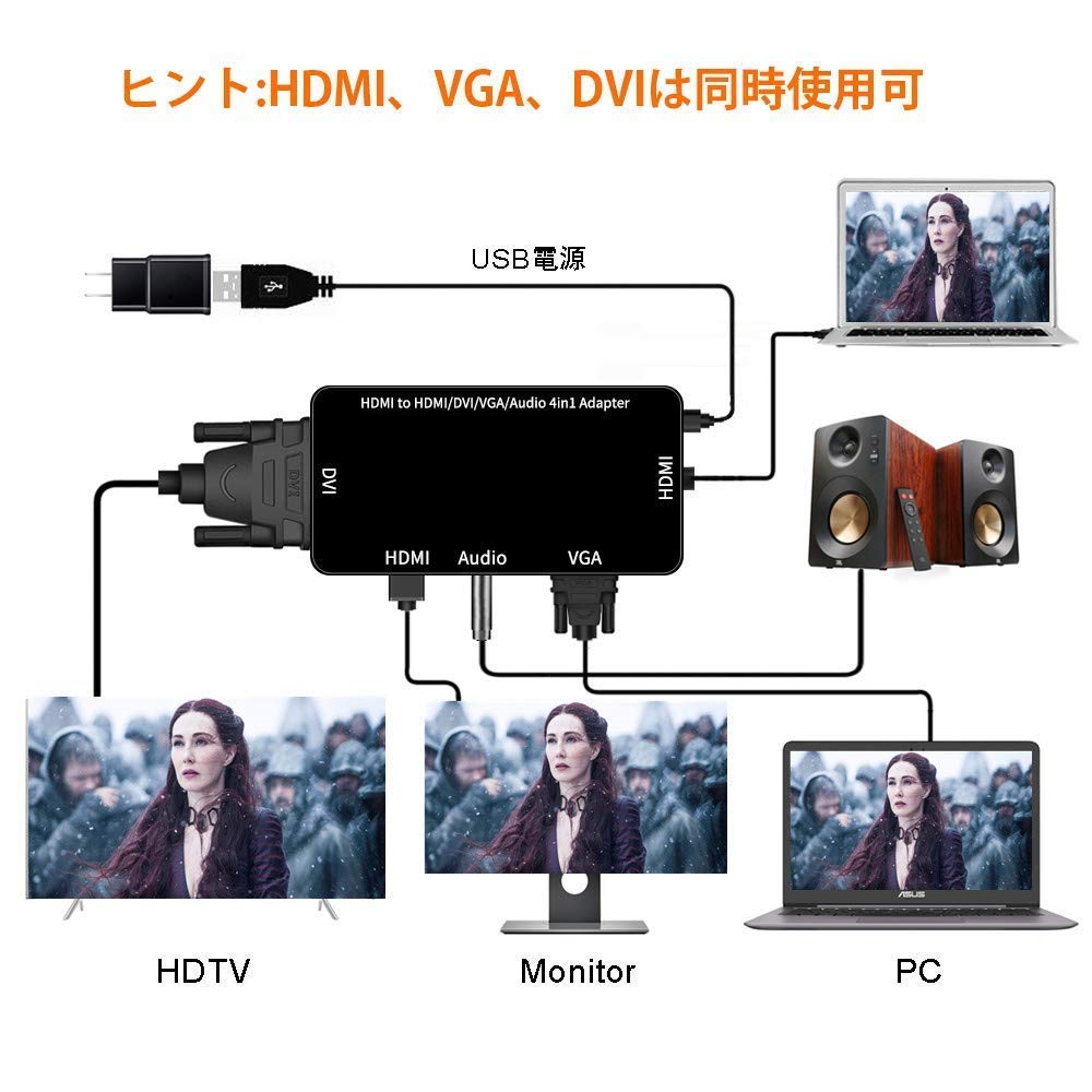 ConnBull HDMI 変換 VGA DVI HDMI 音声出力 多機能 変換 4合1 アダプタ 3840*2160 4K解像度 多ポートビデオ変換アダプター プロジェクター PC HDTV等に対応