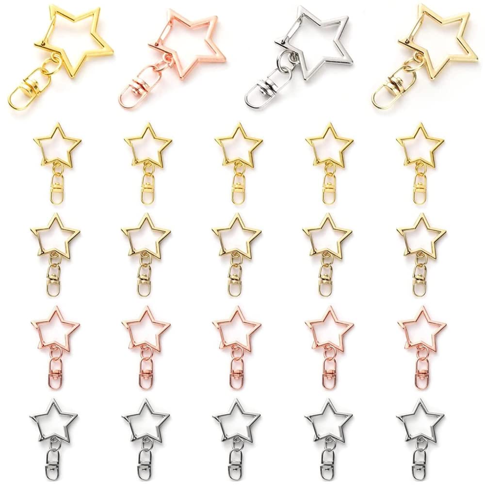 星 ナスカン キーホルダー金具 24個セット 回転カン付き 丸カン付き ワンタッチキーホルダー カワイイ DIY用パーツ 手作り 手芸用品 ハンドメイド キーリング アクセサリー 全長42mm(4色)