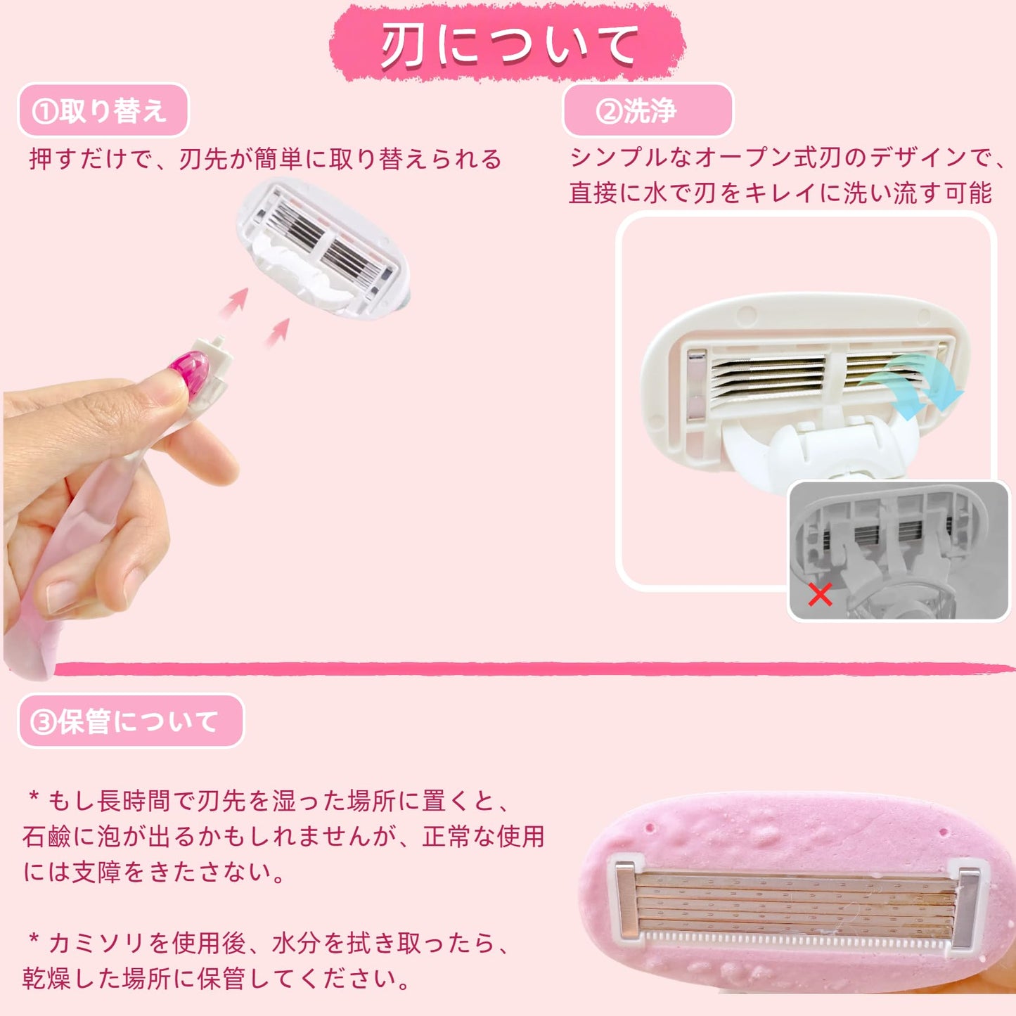 カミソリ レディース 5枚刃 替刃2個付き 潤いアロエ石鹸付き 体毛処理 ボディ用 すね毛用 ムダ毛処理 携帯用 保護カバー付き 回転可能 ピンク 1本
