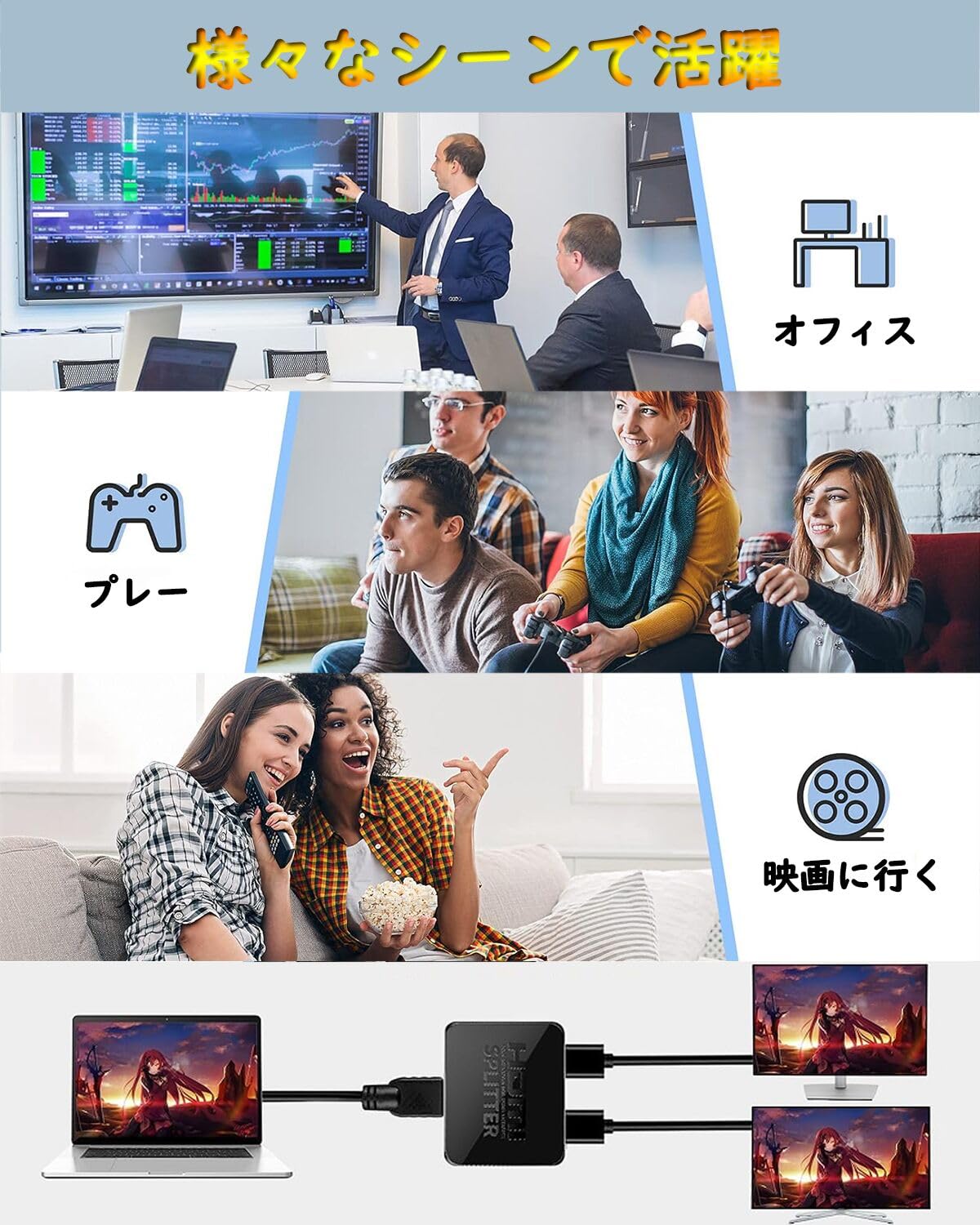 HDMI 分配器 1入力2出力 二股 お好みの2台のディスプレイに同時出力可能 スプリッター て複数画面出力可能 hdmi 増設 オーディオ同期 PS5/Xbox/HDTV/DVD/PC/fire tv stick/PC/HDTVなど幅広く対応