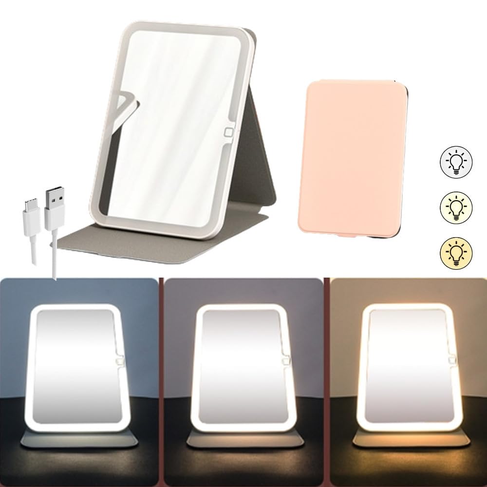 FLORPERRY HD化粧鏡 ライト付きミラー スマートタッチ卓上鏡 スタンドミラー 角度自在調整ミラー USB-TypeC充電式 薄型 コンパクトミラー 3色モード 明るさ調節可能 鏡 LED 折りたたみ折立鏡 女優ミラー 旅行/卓上/寝室