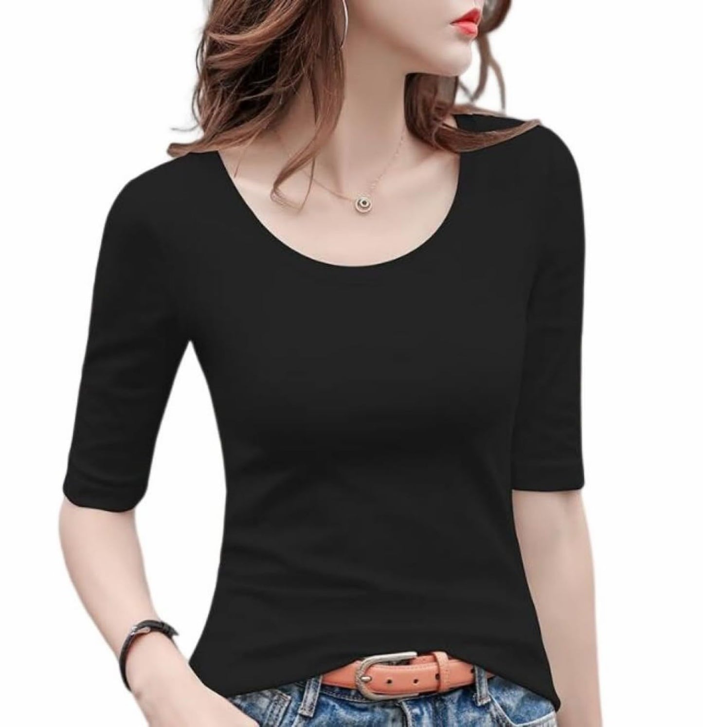 5分袖Tシャツ Tシャツ カットソー Uネック 春秋 夏 ストレッチ レディース トップス 綿 コットン 5分袖 タイト tシャツ 無地 スリム インナー シンプル カジュアル