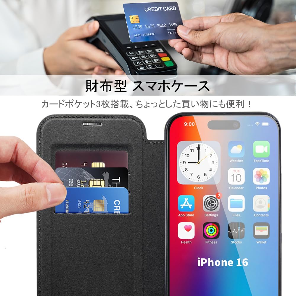 iPhone 14 pro ケース 手帳型 magsafe対応 6.1インチ 背面 透明 クリア 財布型 アイフォン 14 プロ ケース マグセーフ 手帳 ワイヤレス充電対応 カード入れ PU革 レザー スマホケース 軽量 スマホカバー