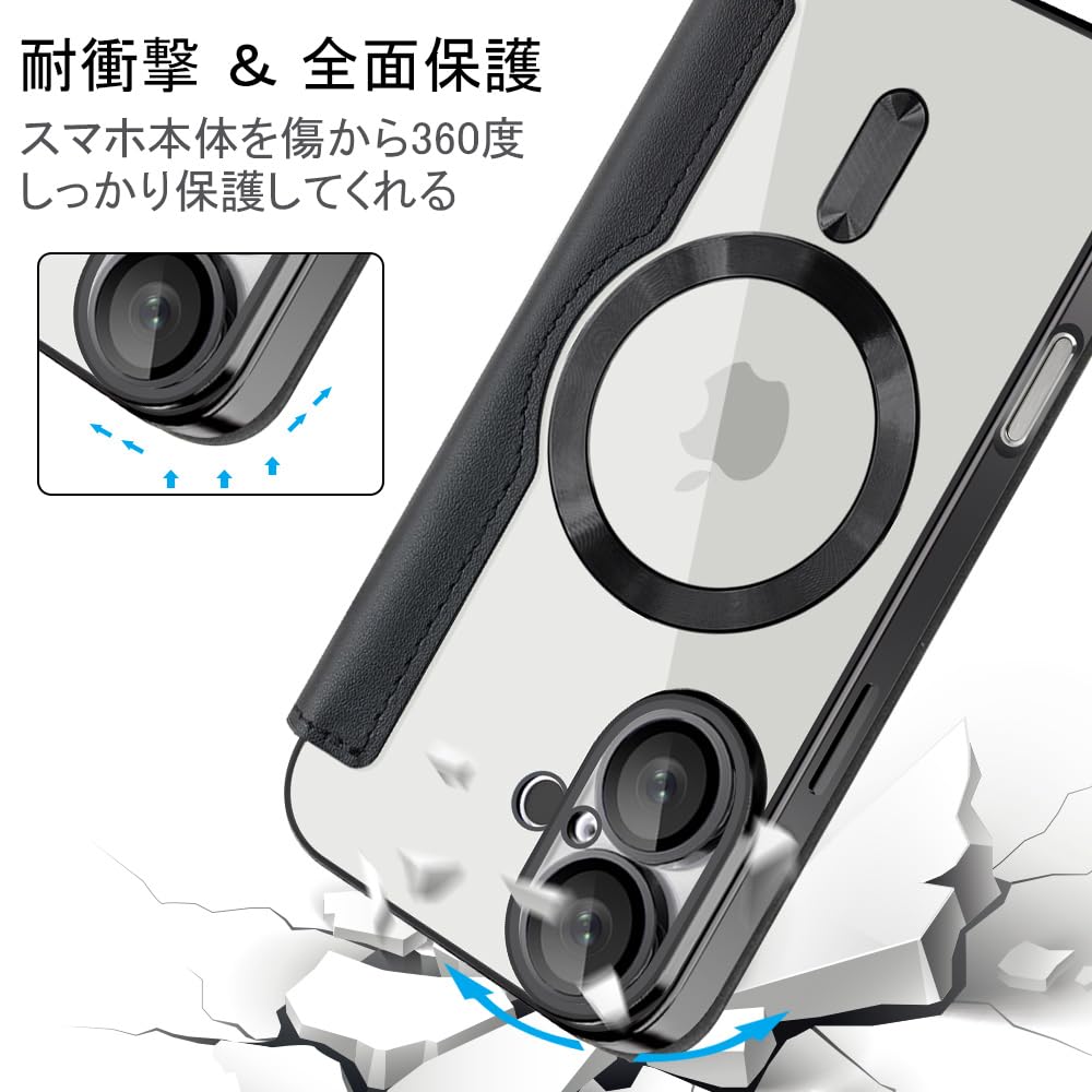 iPhone 14 pro ケース 手帳型 magsafe対応 6.1インチ 背面 透明 クリア 財布型 アイフォン 14 プロ ケース マグセーフ 手帳 ワイヤレス充電対応 カード入れ PU革 レザー スマホケース 軽量 スマホカバー