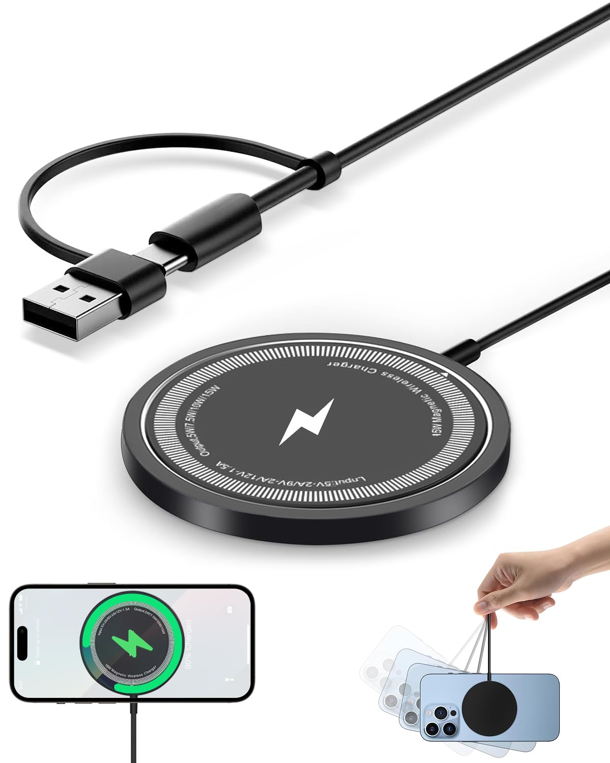 ワイヤレス充電器 マグネット式 Mag Safe iPhone16/15/14/13/12シリーズに対応 マグセーフ 急速 軽量 超薄型 無線充電器 超軽量 強磁気 15W急速 強力吸着機能 置くだけ充電 デュアルUSB-A/C入力ポート 小型 旅行/出張/オフィスに最適 1m付き ホワイト