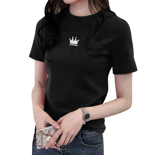 tシャツ レディース 半袖【くびれ美人・大人っぽい華奢見え・この1枚でOK】トップス ティーシャツ カットソー 丸首 細身効果 着痩せ 小顔 薄手 通気性 伸縮性 耐久性 柔らかい シンプル 王冠 刺繡ロゴ カジュアル 通勤 夏