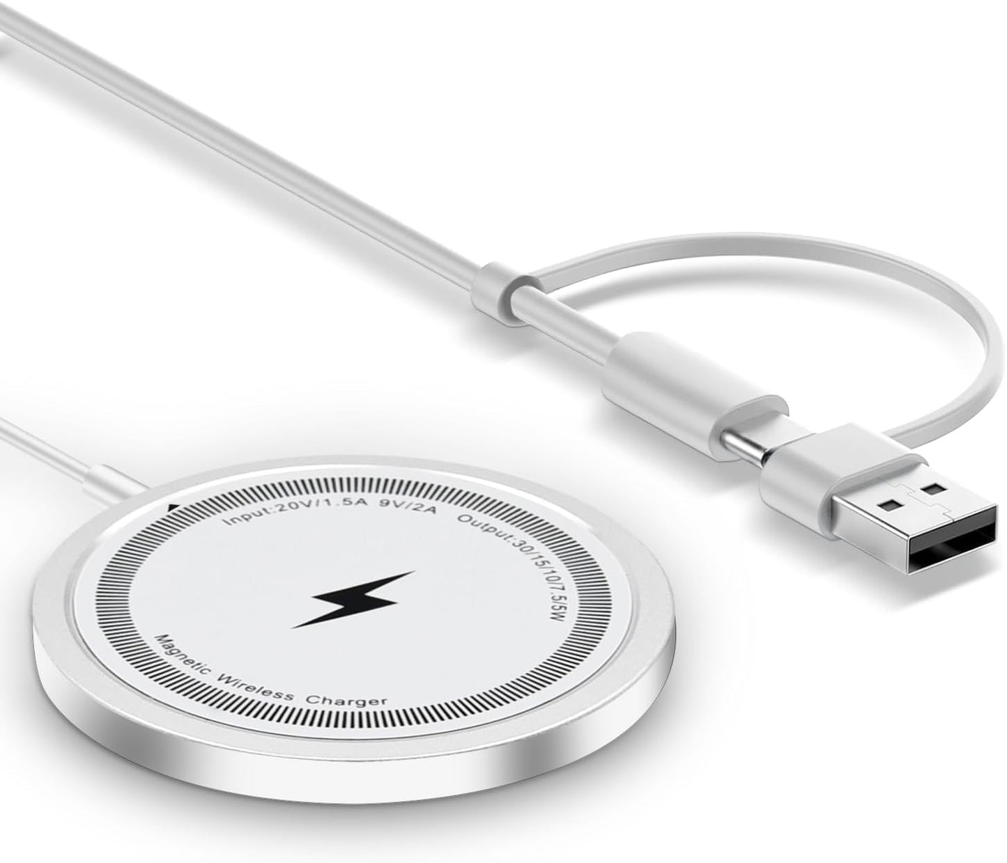ワイヤレス充電器 マグネット式 Mag Safe iPhone16/15/14/13/12シリーズに対応 マグセーフ 急速 軽量 超薄型 無線充電器 超軽量 強磁気 15W急速 強力吸着機能 置くだけ充電 デュアルUSB-A/C入力ポート 小型 旅行/出張/オフィスに最適 1m付き ホワイト