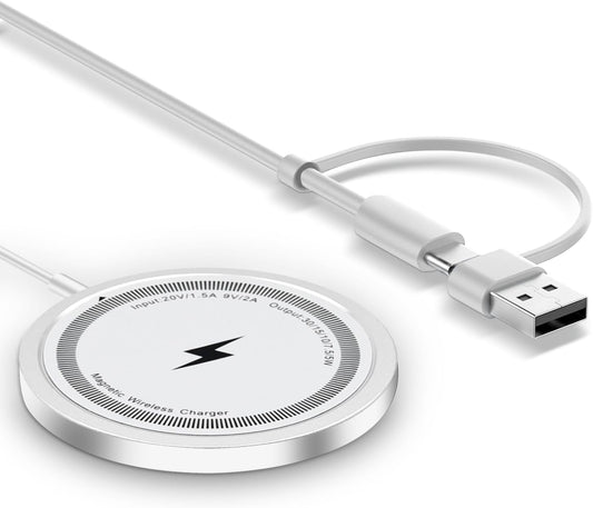 ワイヤレス充電器 マグネット式 Mag Safe iPhone16/15/14/13/12シリーズに対応 マグセーフ 急速 軽量 超薄型 無線充電器 超軽量 強磁気 15W急速 強力吸着機能 置くだけ充電 デュアルUSB-A/C入力ポート 小型 旅行/出張/オフィスに最適 1m付き ホワイト