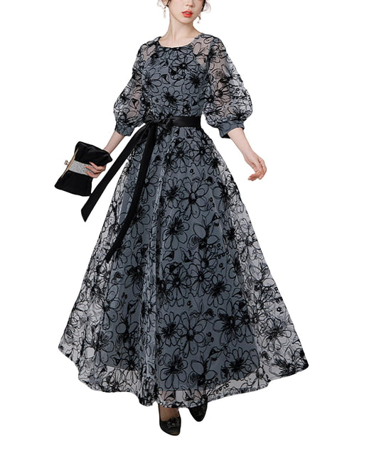 パーティードレス レディースワンピース 花柄 裏地付き Aライン ロング丈 上品 ドレス フォーマル ハイウエスト 七分袖 リボン 体型カバー