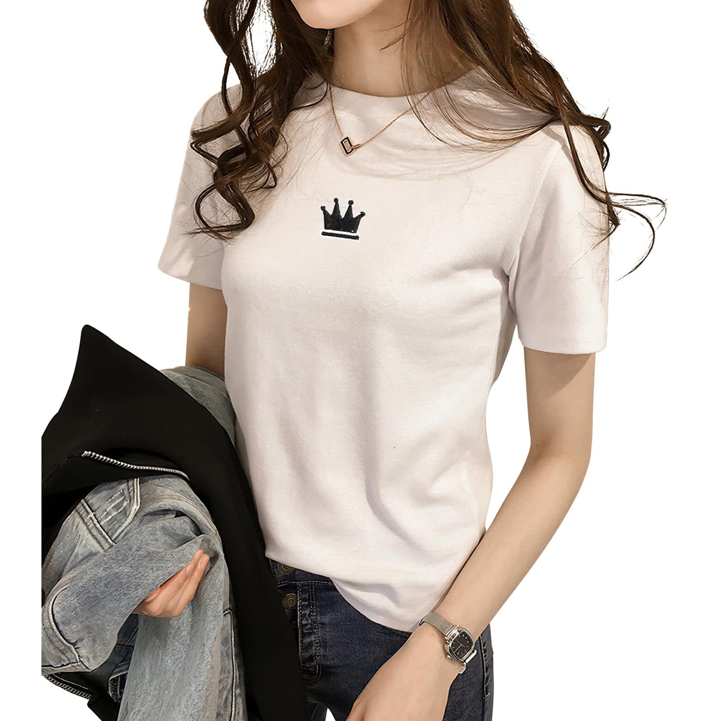 tシャツ レディース 半袖【くびれ美人・大人っぽい華奢見え・この1枚でOK】トップス ティーシャツ カットソー 丸首 細身効果 着痩せ 小顔 薄手 通気性 伸縮性 耐久性 柔らかい シンプル 王冠 刺繡ロゴ カジュアル 通勤 夏