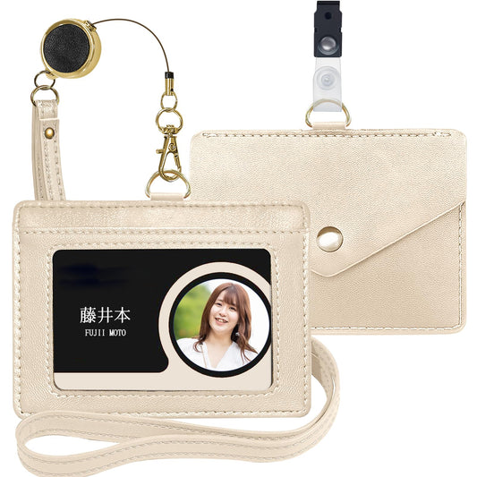 ID カードホルダー ネームホルダー 本革 横型 両面用 社員証 名札入れ 定期入れ パスケース カードケース ネックストラップ付 2つポケット