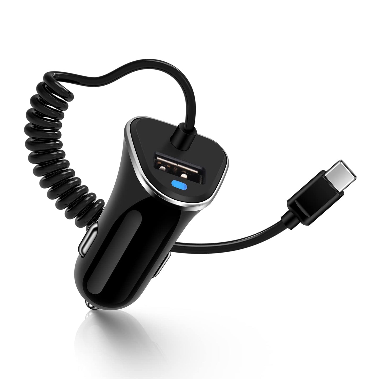 USB Type-C ケーブル シガーソケット USB カーチャージャー 100CM Type-C コイルケーブル付き 車 しがーソケット iPoto 電源ソケット タイプc 充電ケーブル USB-C 車載充電器 12-24V車対応 車用充電器 iPhone Android 等各機器対応 ブラック