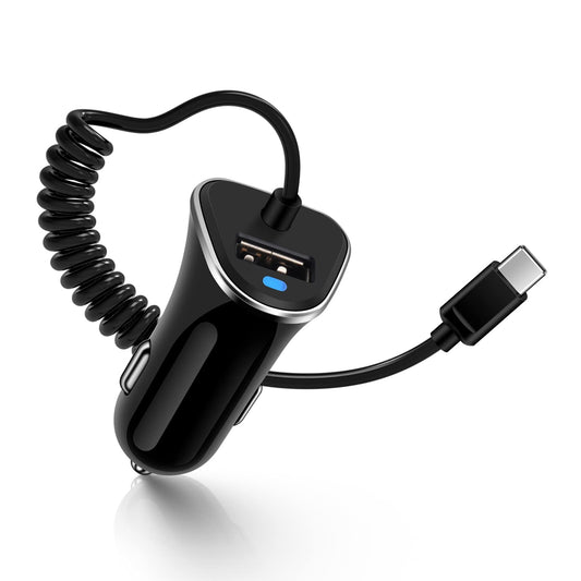 USB Type-C ケーブル シガーソケット USB カーチャージャー 100CM Type-C コイルケーブル付き 車 しがーソケット iPoto 電源ソケット タイプc 充電ケーブル USB-C 車載充電器 12-24V車対応 車用充電器 iPhone Android 等各機器対応 ブラック