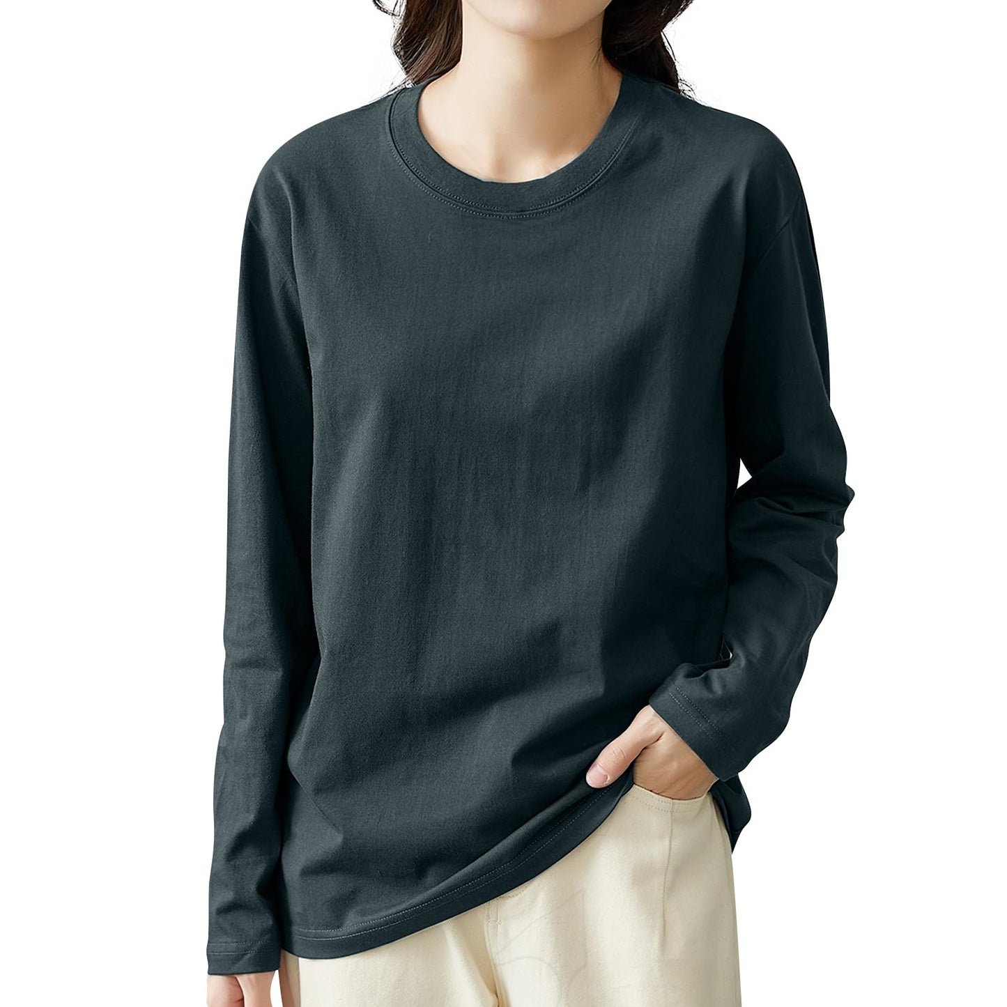 【綿100！当店１番人気】ロンティー レディース 長袖tシャツ トップス 【トレンドの新定義・ゆる感・小顔効果】 カットソー クルーネック ティーシャツ ロングスリーブ 無地 カジュアル ゆったり 重ね着 きれいめ オシャレ