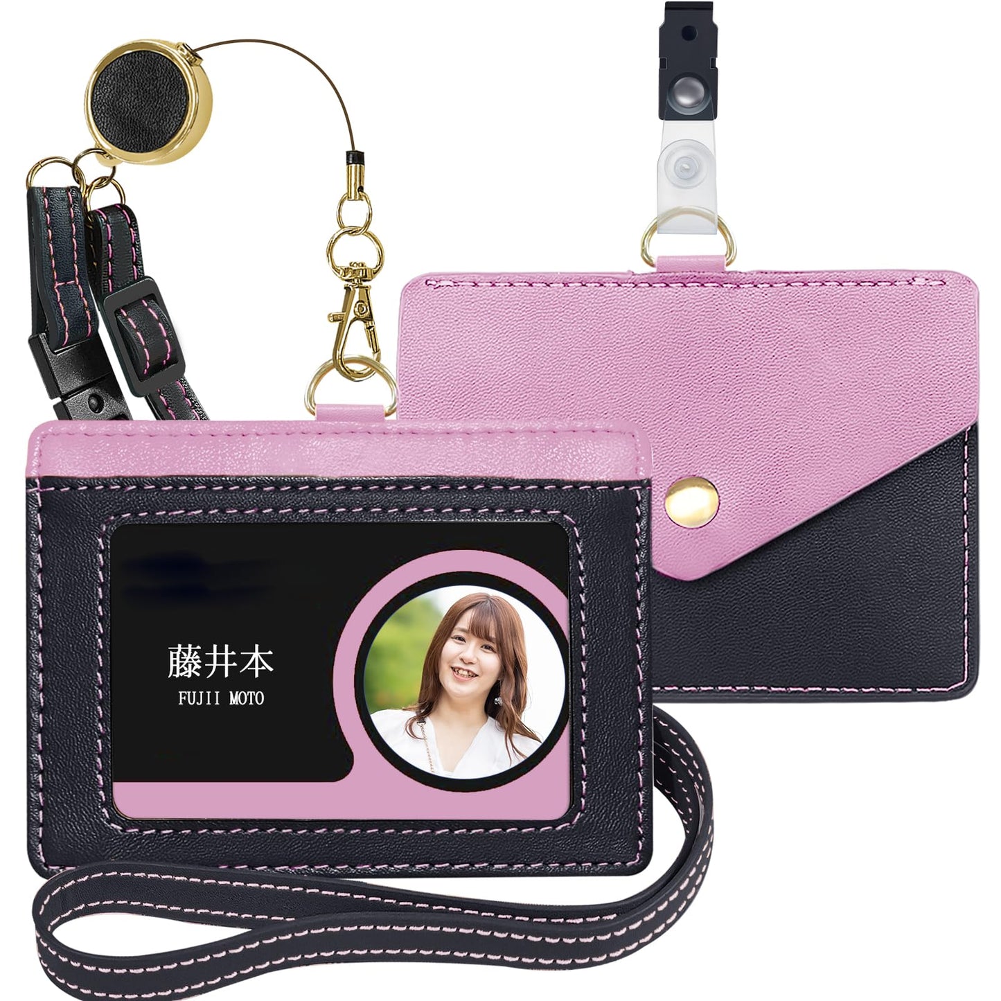 ID カードホルダー ネームホルダー 本革 横型 両面用 社員証 名札入れ 定期入れ パスケース カードケース ネックストラップ付 2つポケット