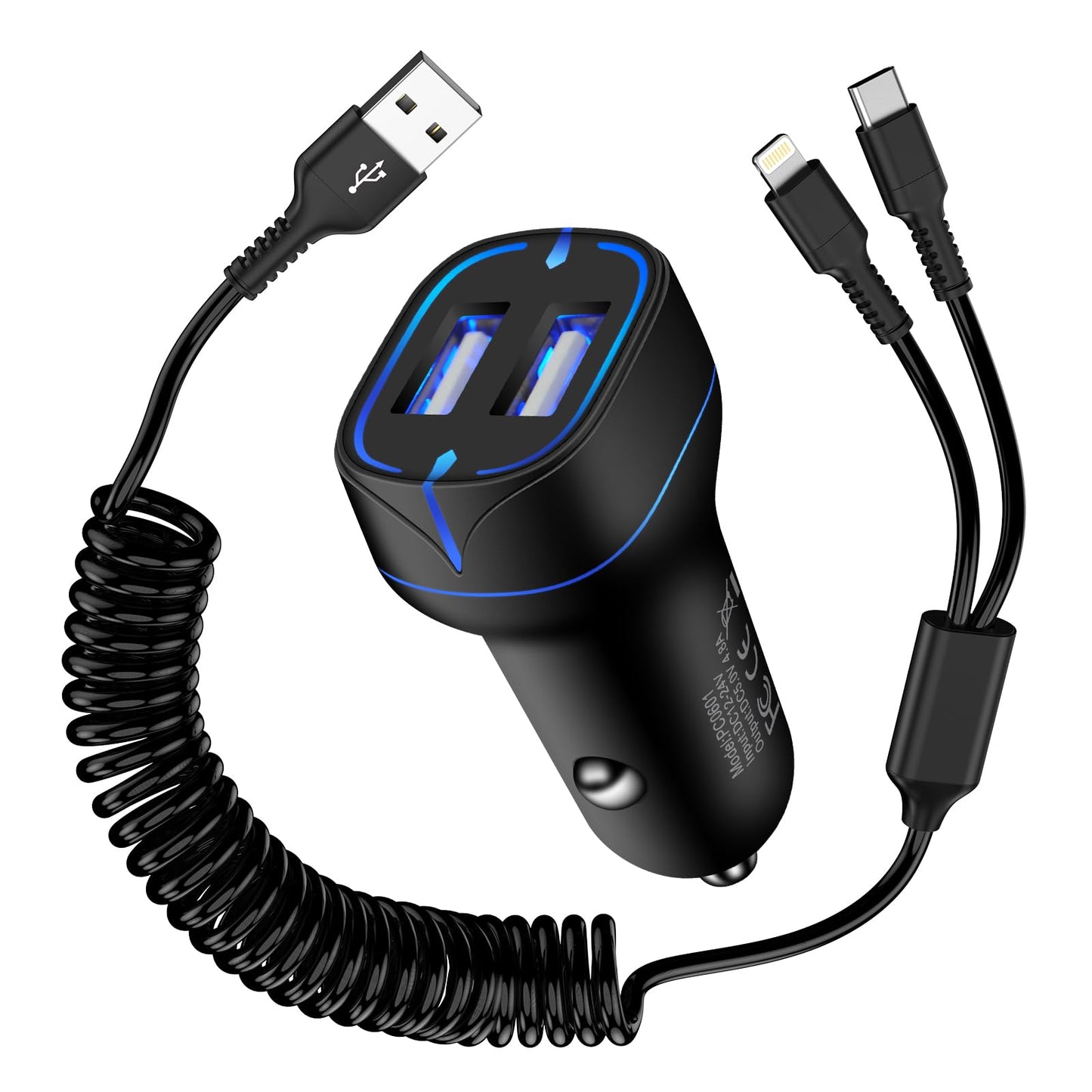 シガーソケット iPhone16 充電器車用 2 in 1 コイル USB A to USB Cケーブル+ USB-A toライトニングケーブル 自由伸縮/MFI認定 車 急速充電 スマホ カール車用ケーブル 2ポート車載充電器 アイホン16 カーチャージャー iPhone/iPad/Xperia/AQUOS/Pixel/Xiaomiなどに対応