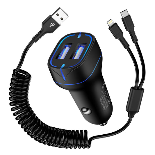 シガーソケット iPhone16 充電器車用 2 in 1 コイル USB A to USB Cケーブル+ USB-A toライトニングケーブル 自由伸縮/MFI認定 車 急速充電 スマホ カール車用ケーブル 2ポート車載充電器 アイホン16 カーチャージャー iPhone/iPad/Xperia/AQUOS/Pixel/Xiaomiなどに対応