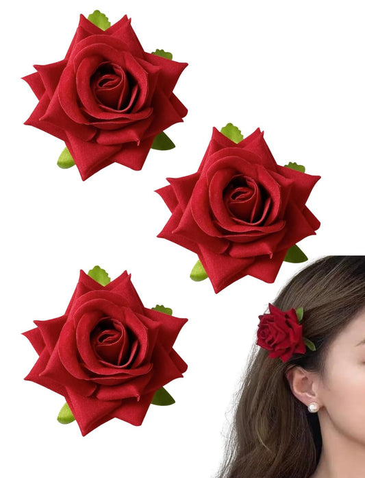 薔薇 ヘアピン バラ ヘアクリップ ローズ ヘアアクセサリー 髪留め 3個セット (赤)