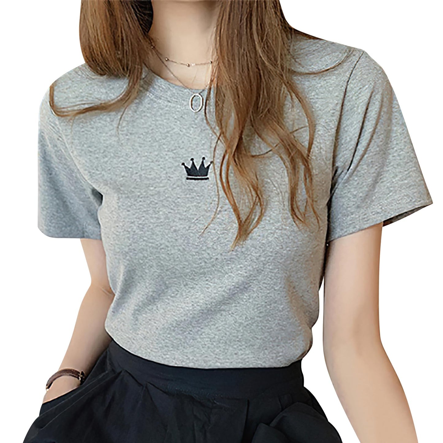 tシャツ レディース 半袖【くびれ美人・大人っぽい華奢見え・この1枚でOK】トップス ティーシャツ カットソー 丸首 細身効果 着痩せ 小顔 薄手 通気性 伸縮性 耐久性 柔らかい シンプル 王冠 刺繡ロゴ カジュアル 通勤 夏