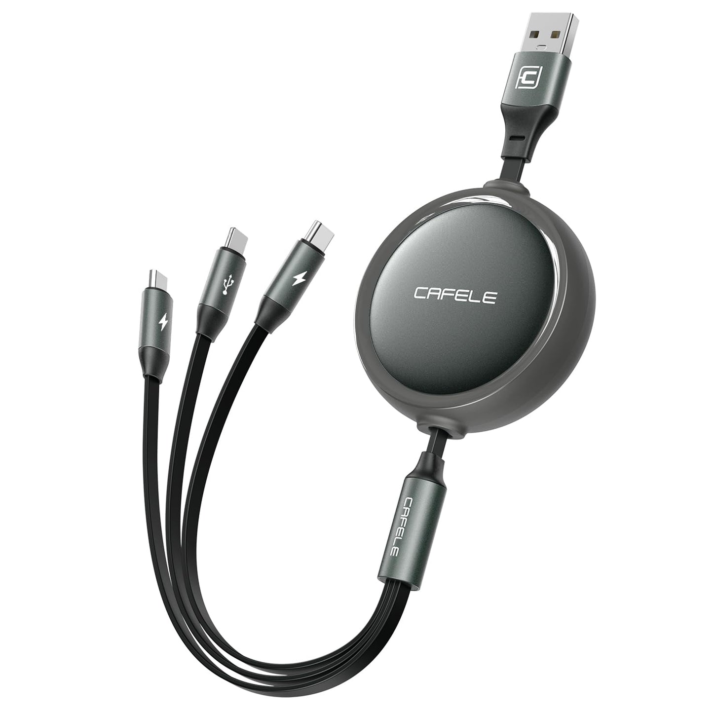 充電ケーブル 巻き取り 3in1 USBマルチケーブル 【一方向】CAFELE片手操作 3A/15W 3台同時給電可能 USB Type C Micro USB高速データ転送（I０S対応のみ）対応充電コード3種類端子（市販上のスマホ全対応）3つの異なる充電ポート